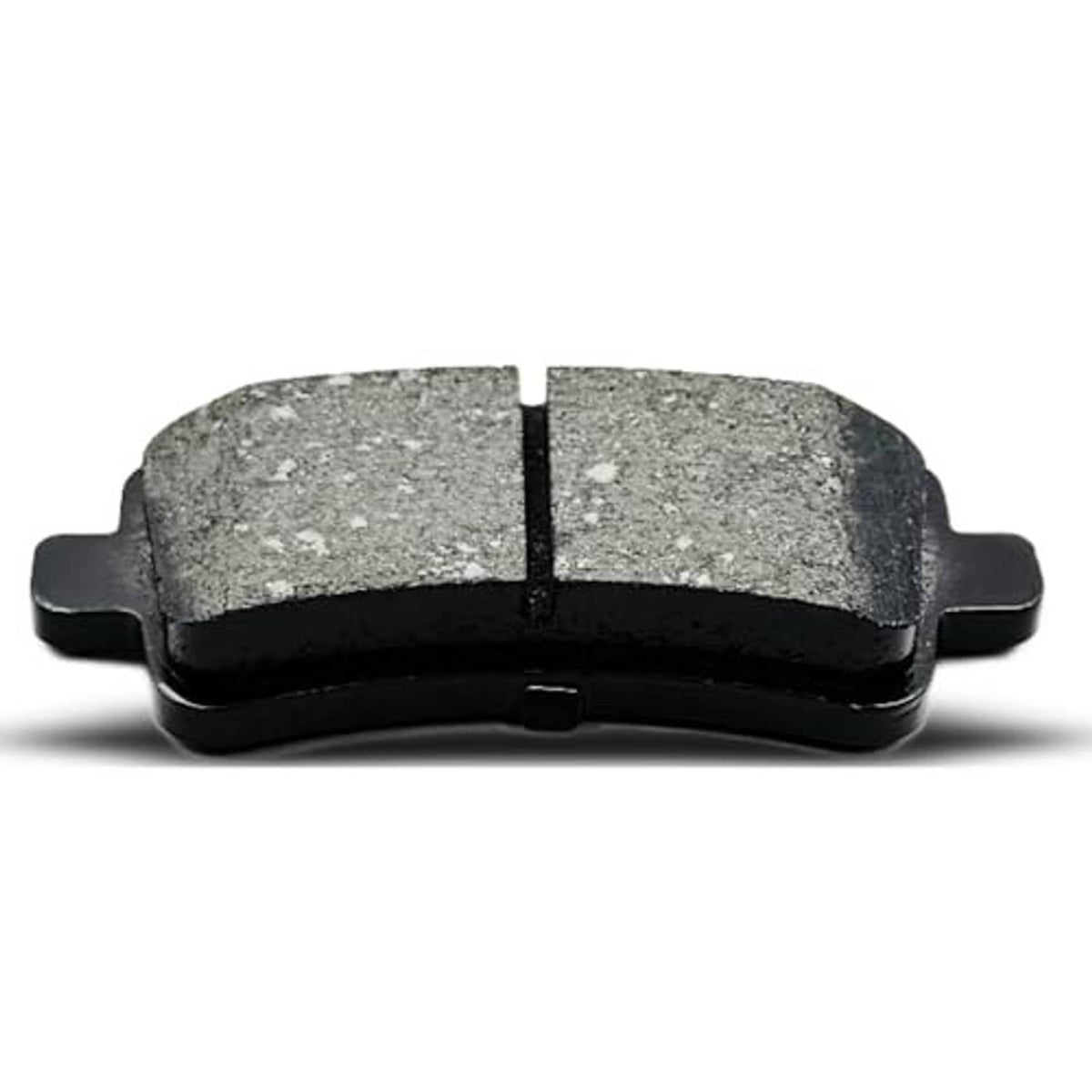 Ceramic brake pad, grey friction face with vertical seam, black curved backing