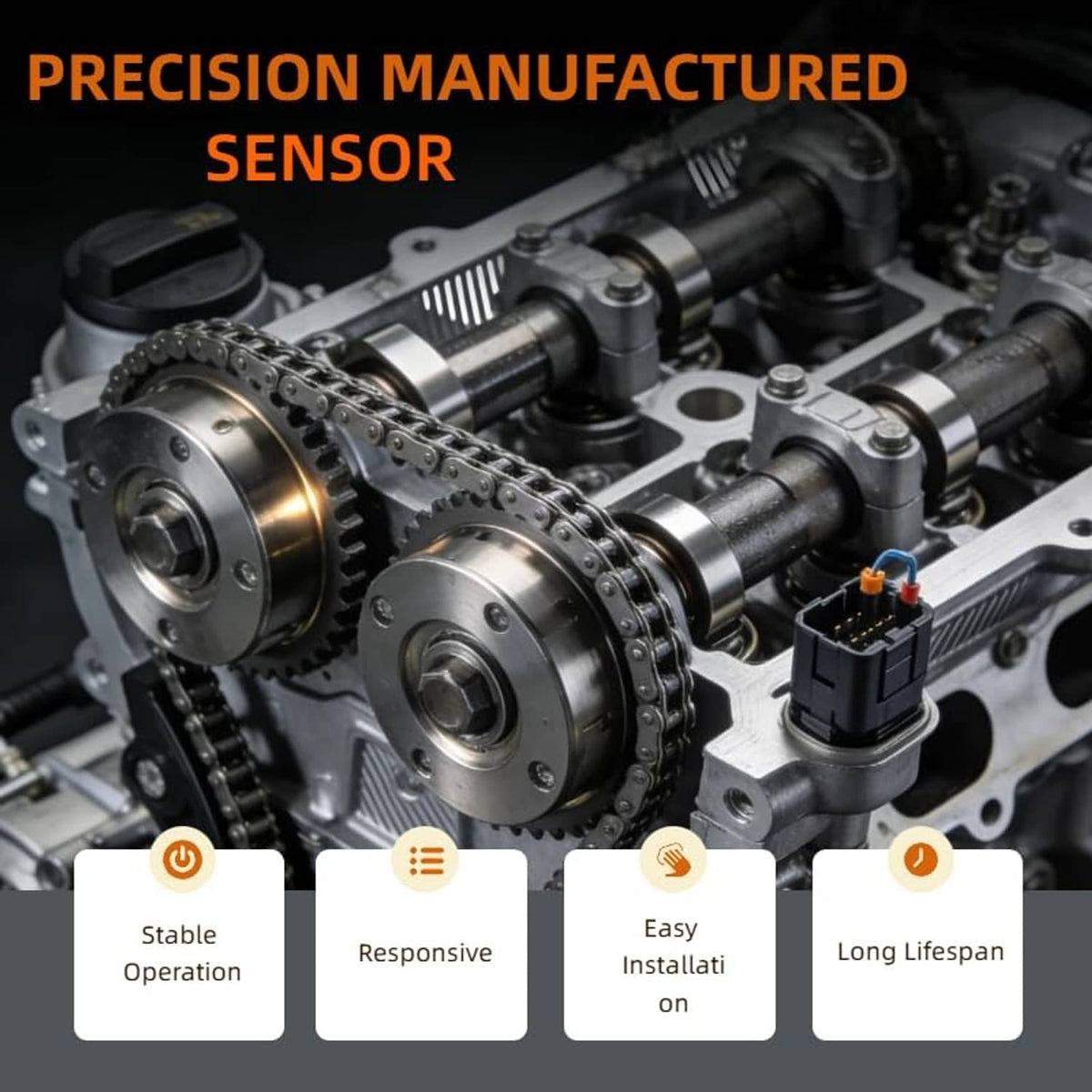 Automotive engine assembly with camshafts and timing chain components