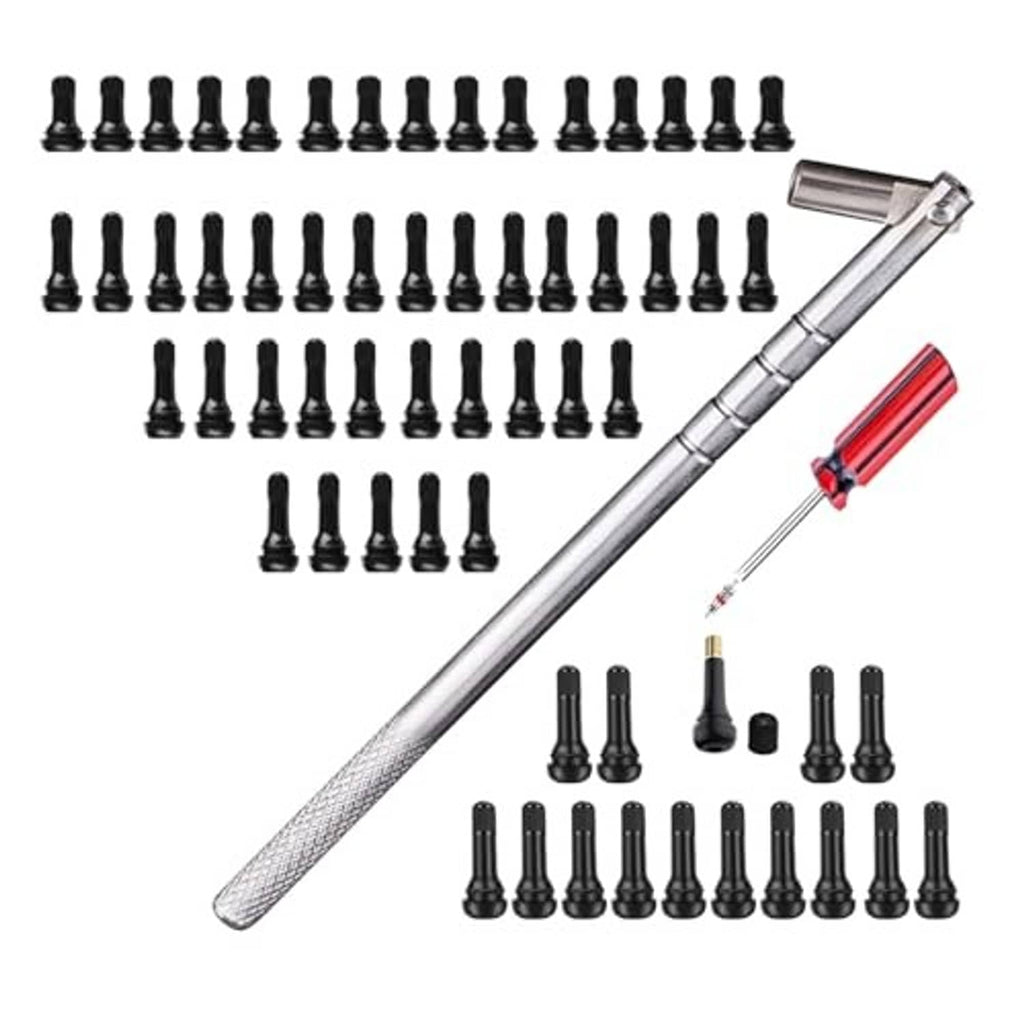Tire valve stem puller set with silver puller, red handle, and black valve caps