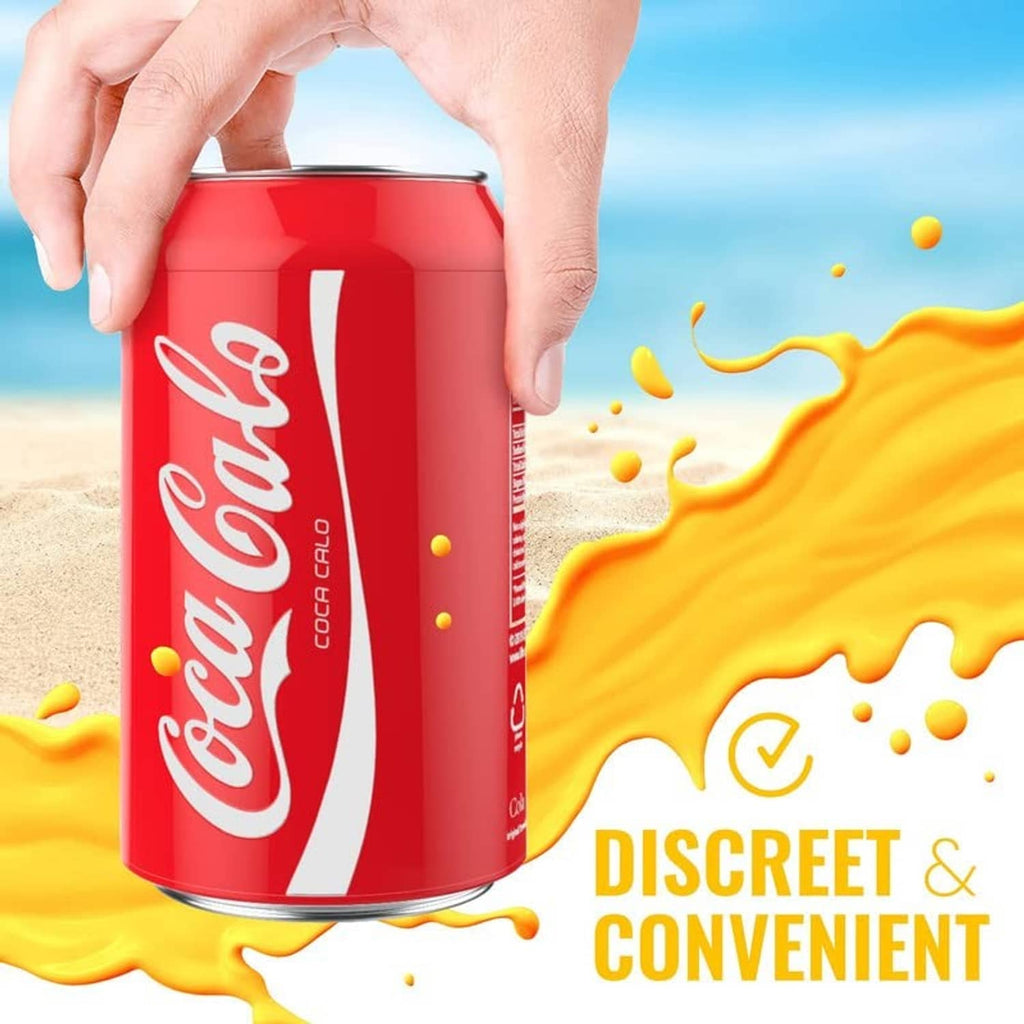 Red silicone can sleeve being set over a can, white logo, 12 oz size