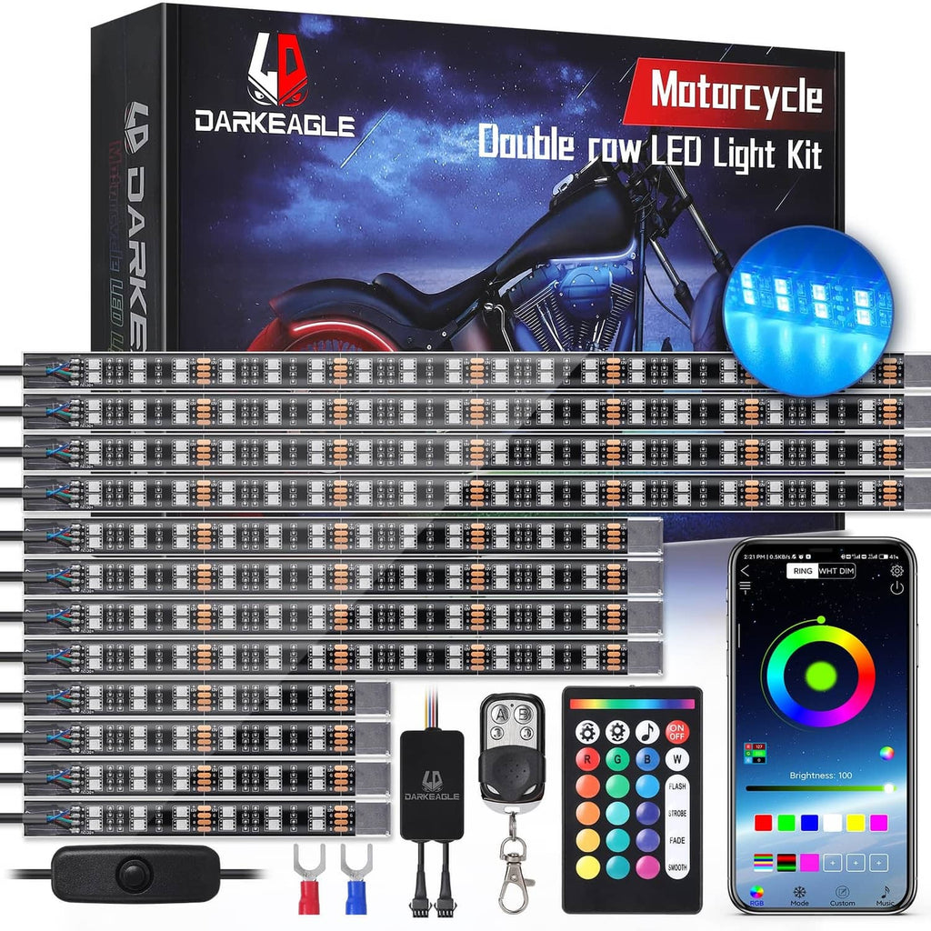 Motorcycle RGB LED light kit with double-row light strips, controller, and RF remote