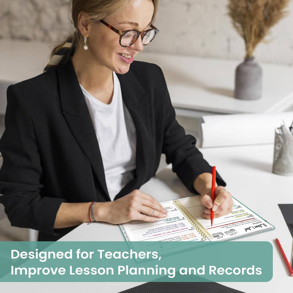 Teacher writing in an open planner with weekly schedule sections and date blocks