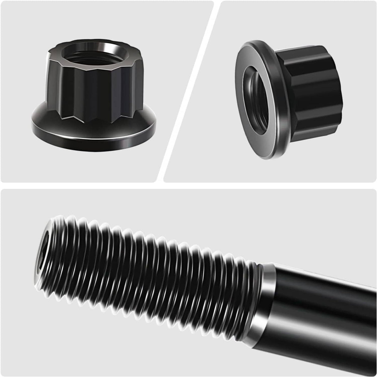 Black flange-style head stud nuts shown from front and side views
