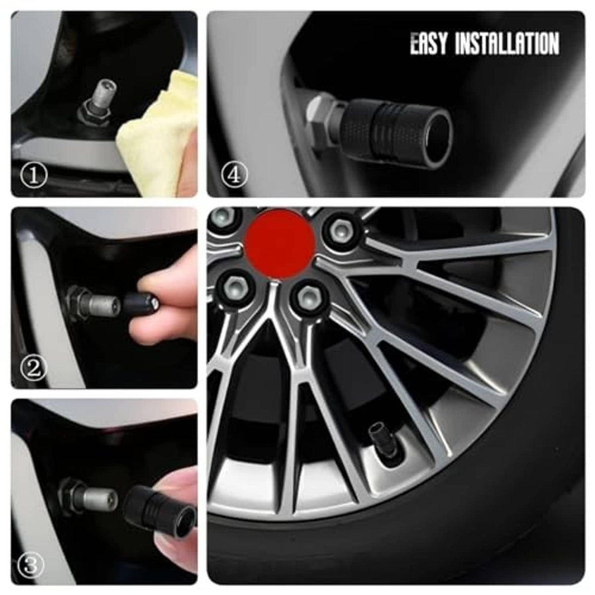 Black textured valve cap with red S logo shown installing on a car tire valve