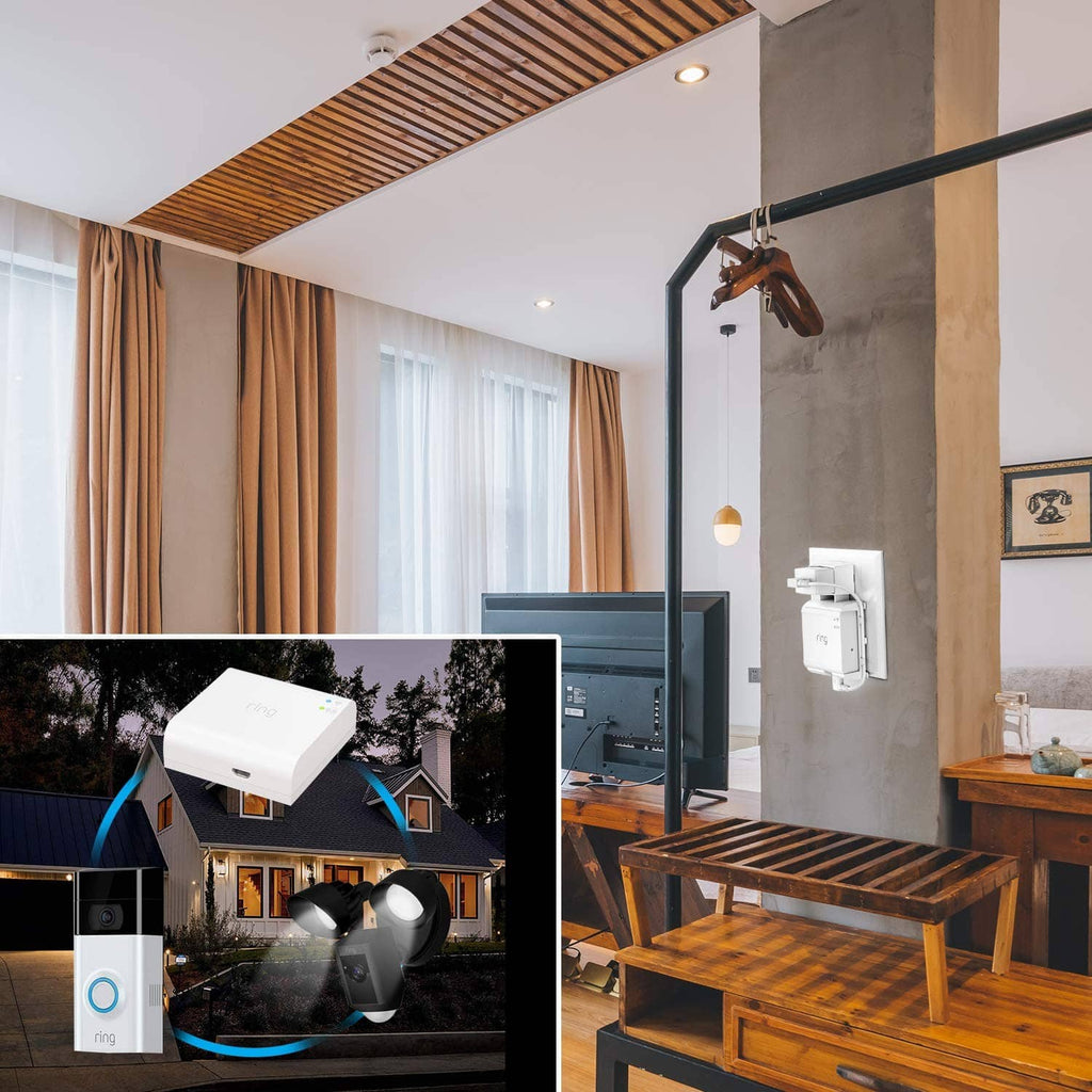 White wall mount adapter for Ring smart lighting bridge mounted on indoor wall