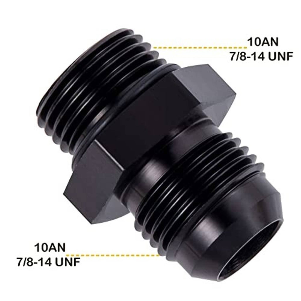 Black AN male flare adapter with hex body and visible 7/8-14 UNF threads