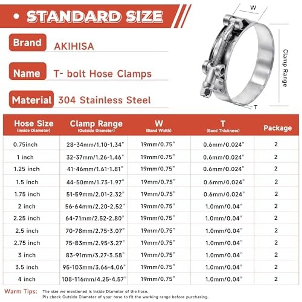 T-bolt hose clamp size chart showing clamp dimensions and 304 stainless steel