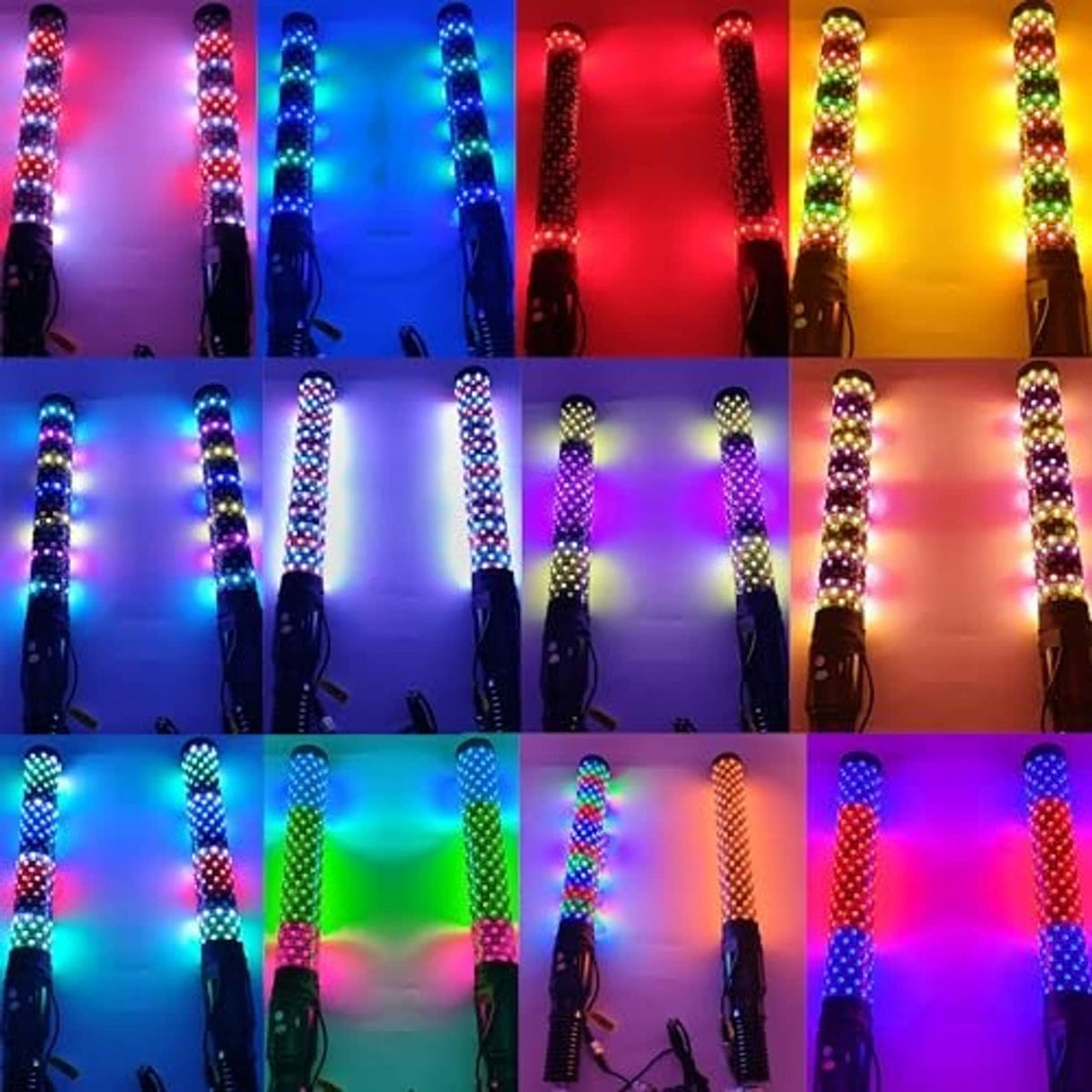 Set of RGB LED whip lights displaying multiple colors on spiral tubes.