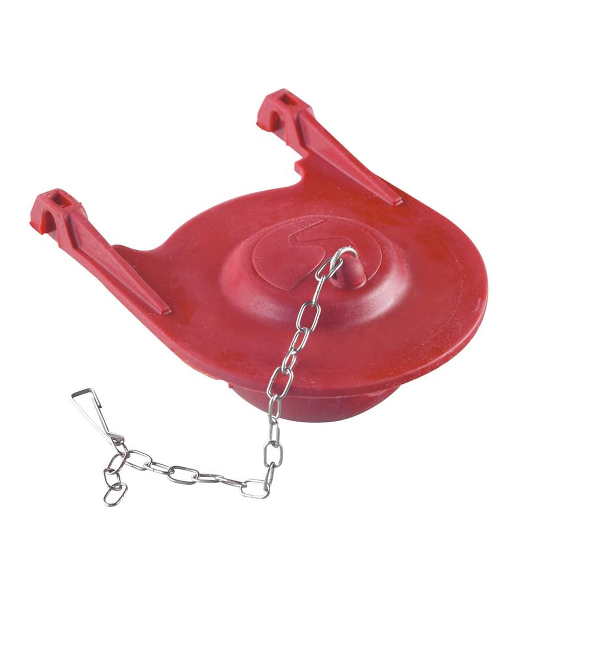 Red toilet flapper valve with metal chain and lift tab