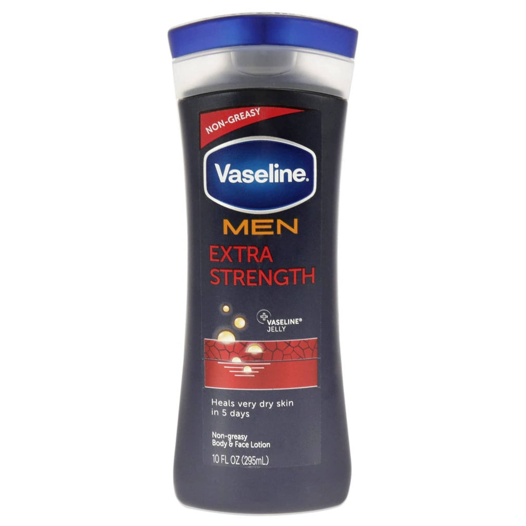 Vaseline MEN extra strength lotion bottle, non-greasy, for hands and body