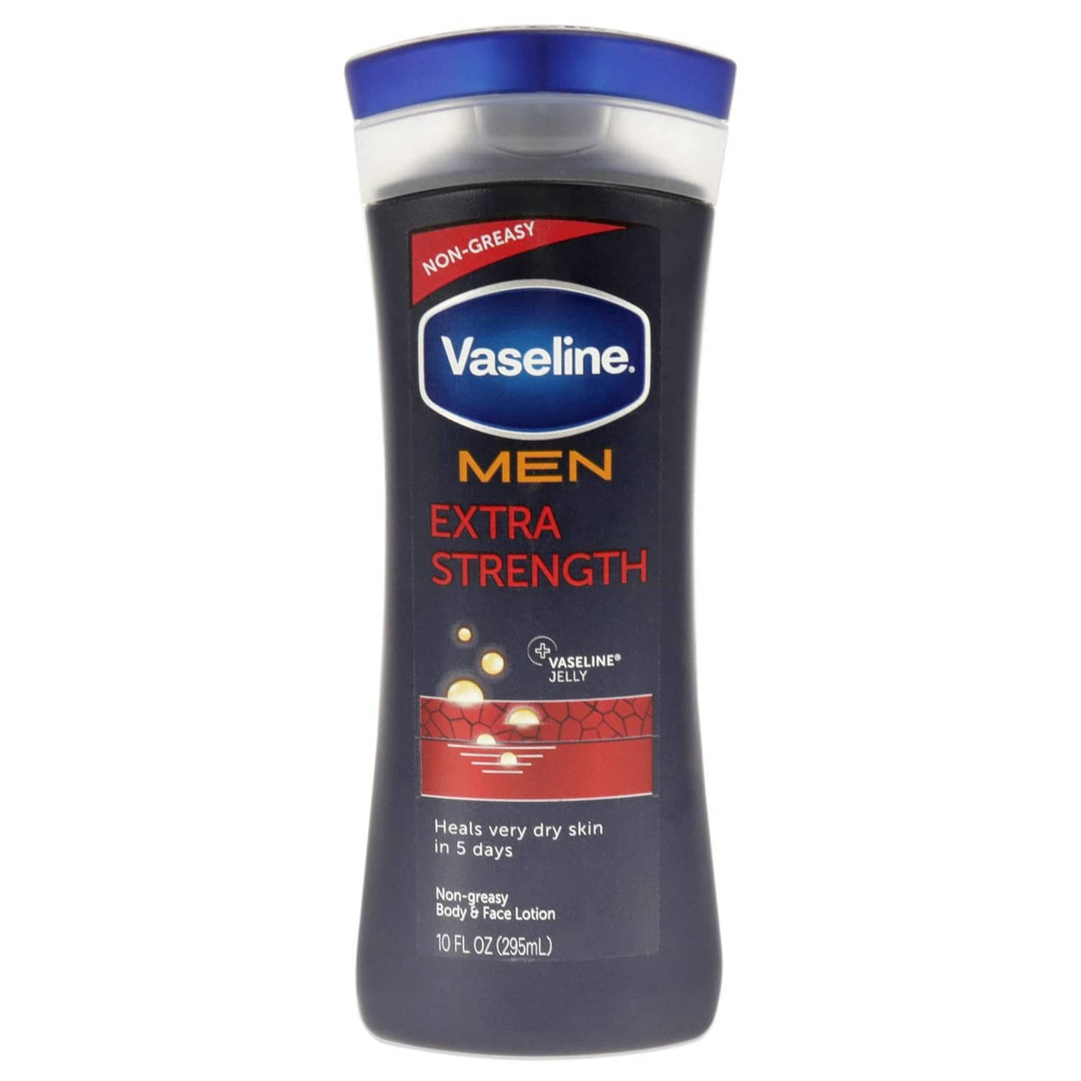 Vaseline MEN extra strength lotion bottle, non-greasy, for hands and body