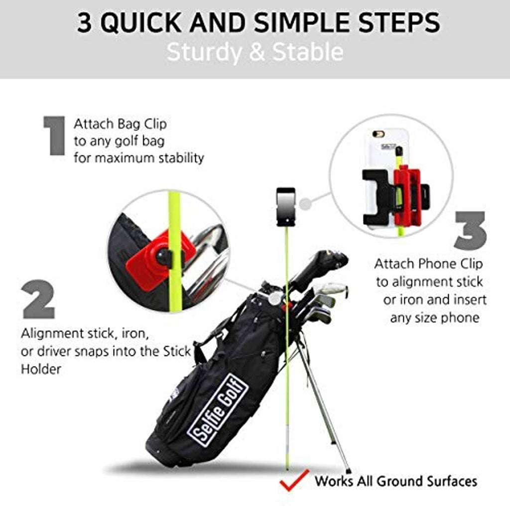 SelfieGOLF golf swing analyzer showing bag clip and phone clip parts