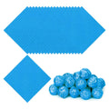 Blue foil candy wrappers, square sheets with wrapped candies pile