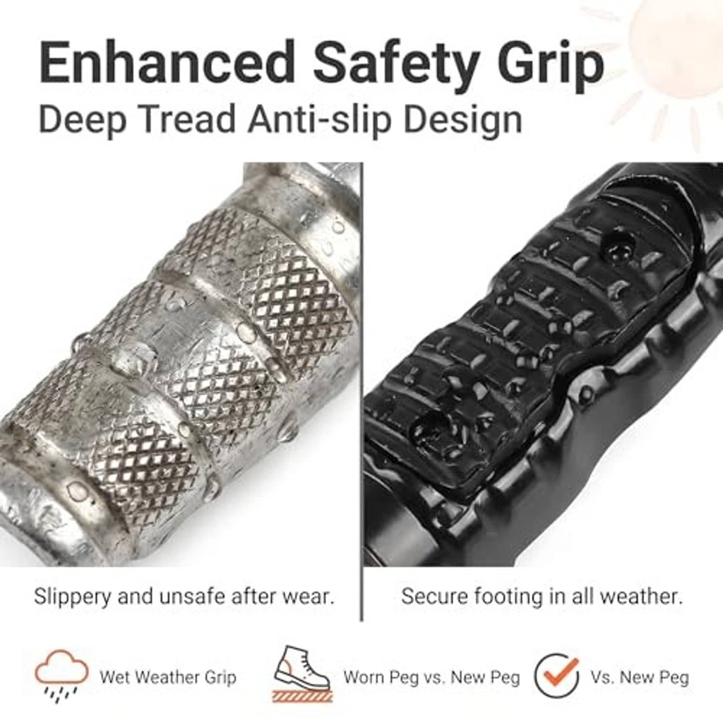 Anti-slip motorcycle foot peg with deep tread pattern and round mounting hole
