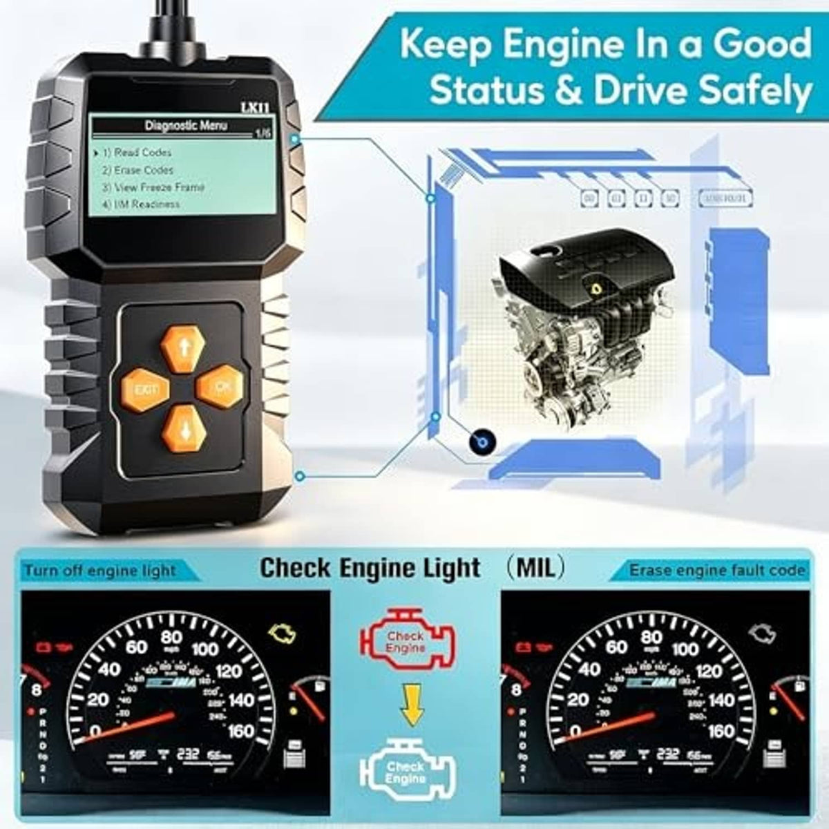 Black OBD2 scanner with screen and four orange control buttons, plus OBD plug