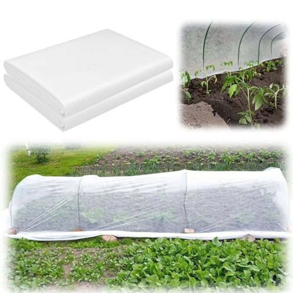 White shade cloth folded sheet, spread over garden plants for sun protection