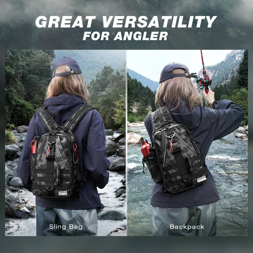 Black camouflage fishing backpack worn with adjustable straps and side gear pockets