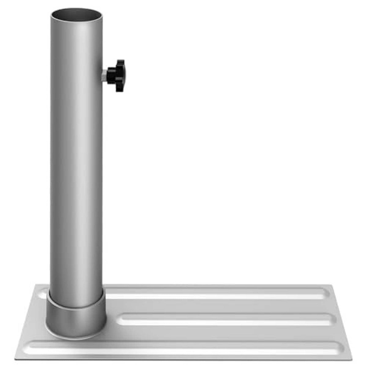 Metal flag pole tire-mount base with tall round pole and side tightening clamp, silver
