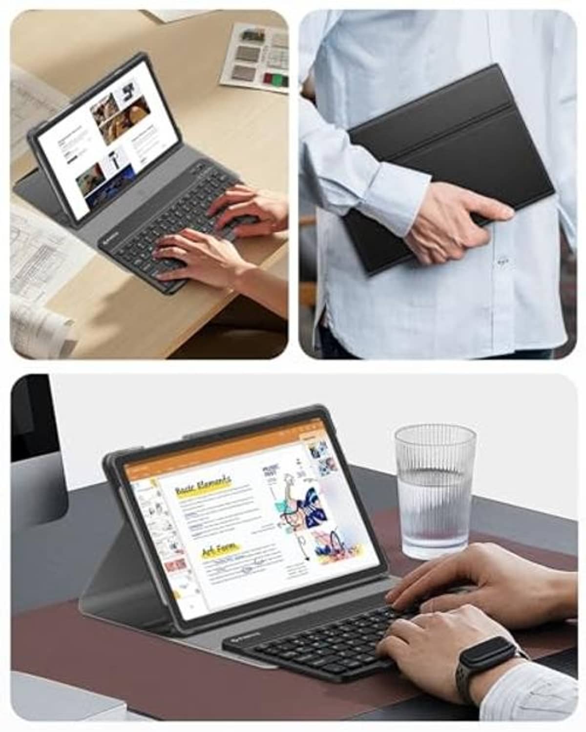 Black tablet keyboard case in use, folio stand open for typing