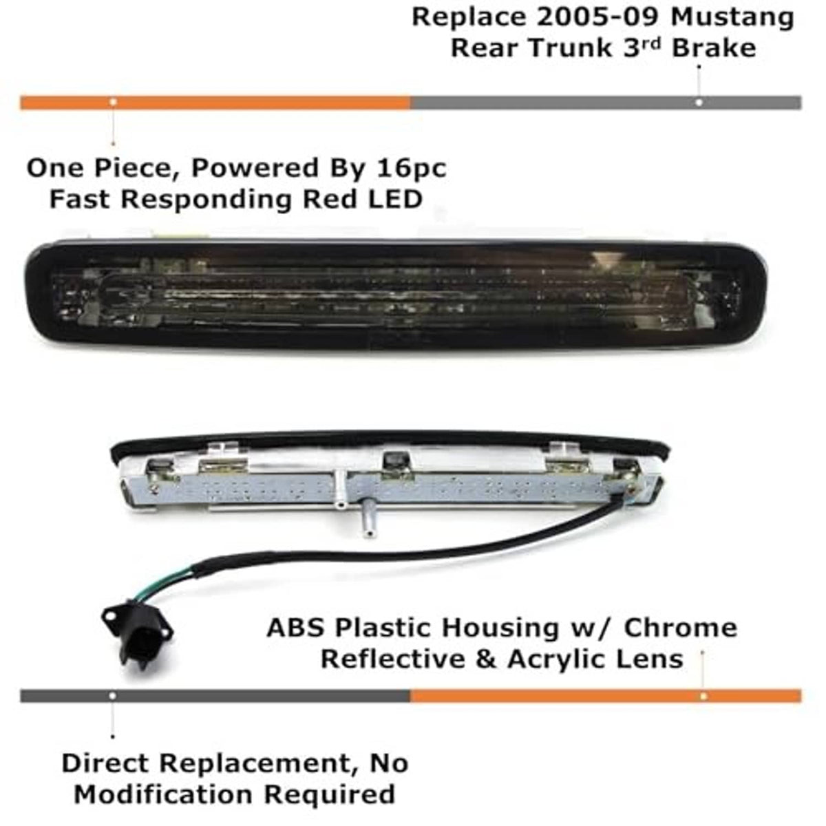 LED third brake light assembly with ABS housing, chrome reflective surface, acrylic lens