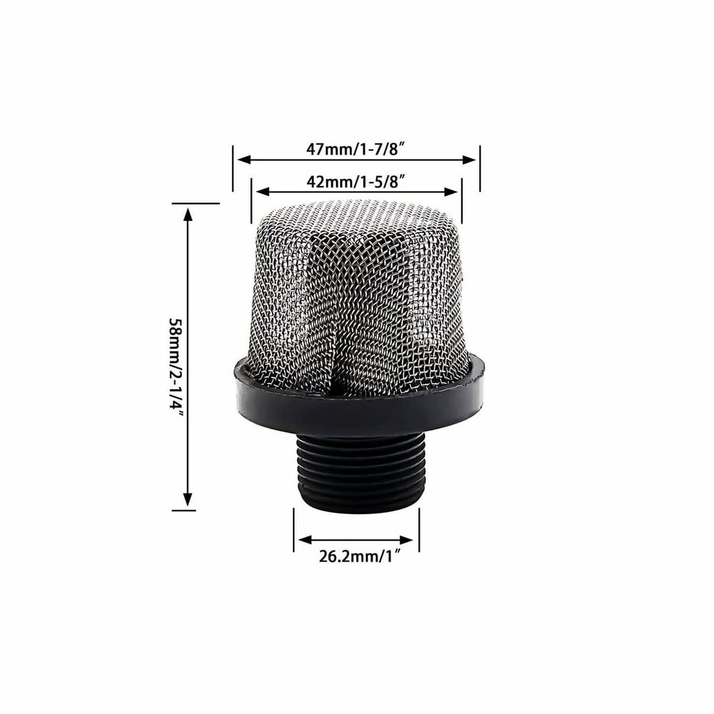 Steel mesh inlet suction strainer with black threaded stem, size diagram