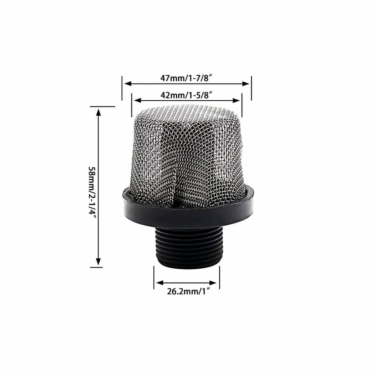 Steel mesh inlet suction strainer with black threaded stem, size diagram