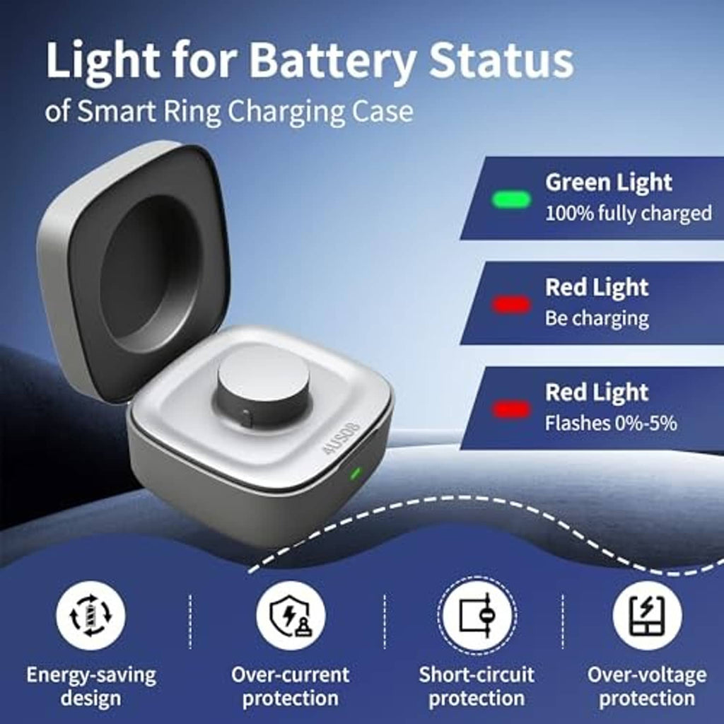 Smart ring charger case with open lid, circular dock, and indicator light