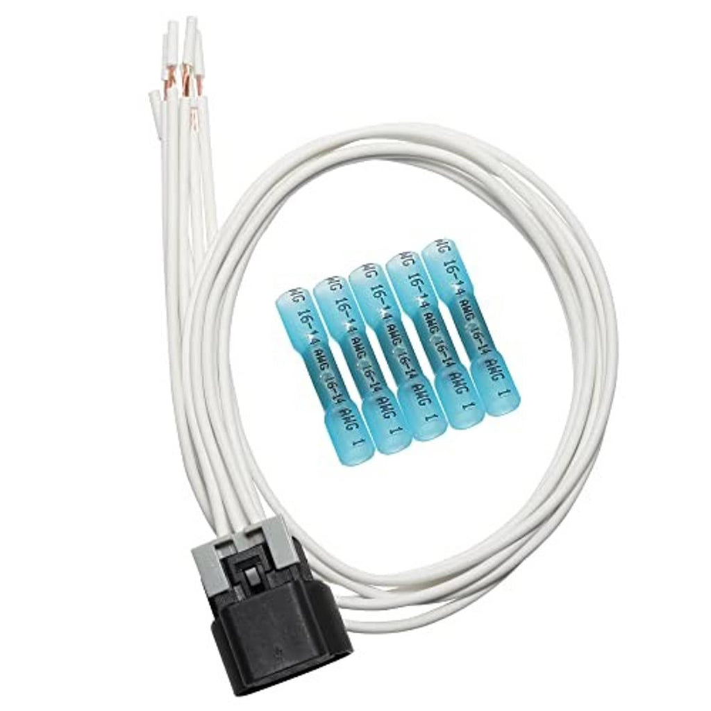 Throttle body wiring pigtail harness with black 6-pin connector, white wires, blue terminal boots