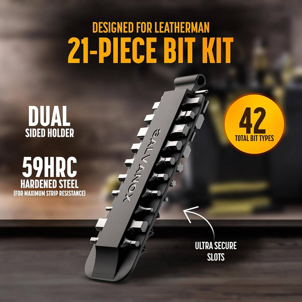 Black dual-sided bit holder with multiple bit slots for a compact bit kit