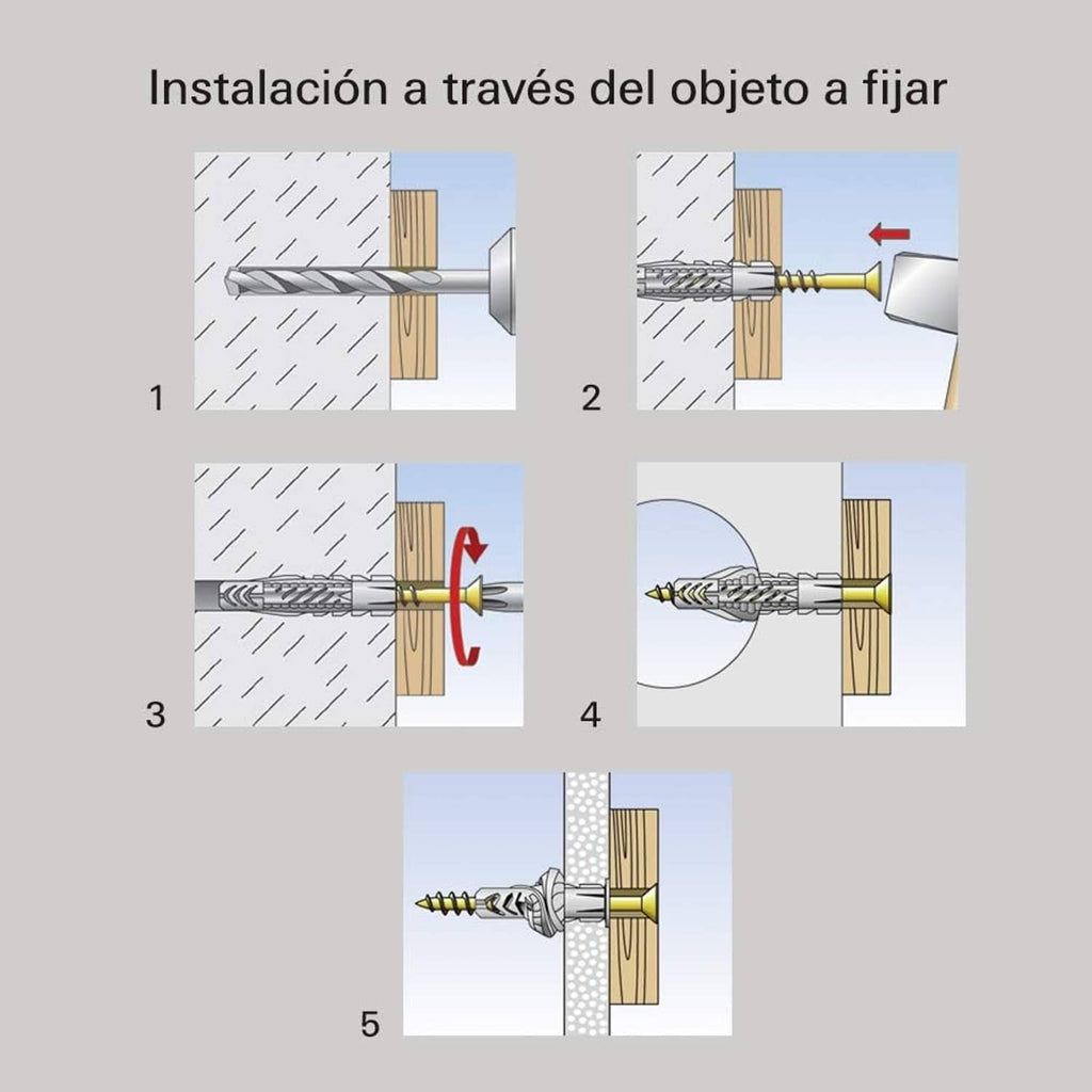Diagram showing fischer UX plug installation through the object to fasten