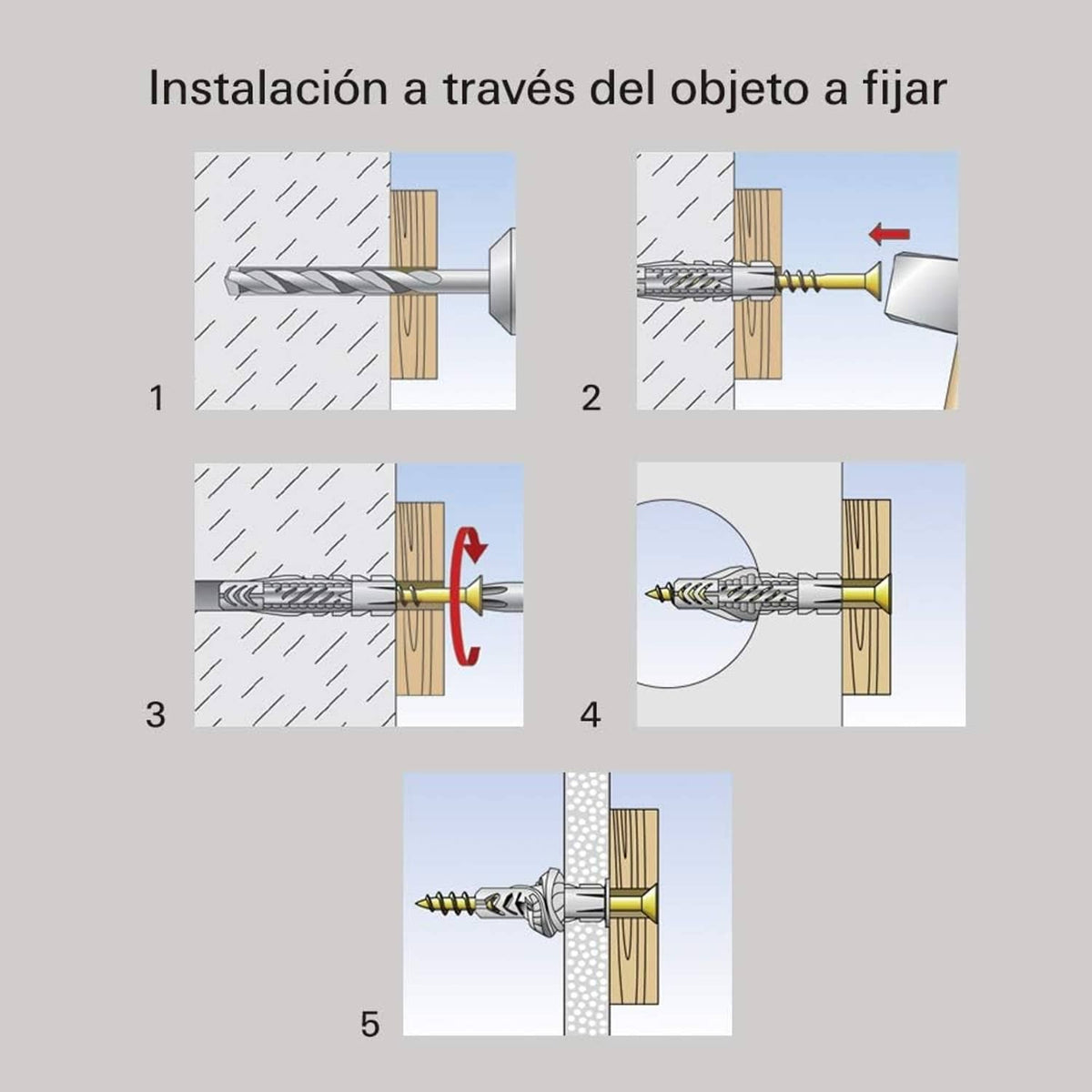Diagram showing fischer UX plug installation through the object to fasten