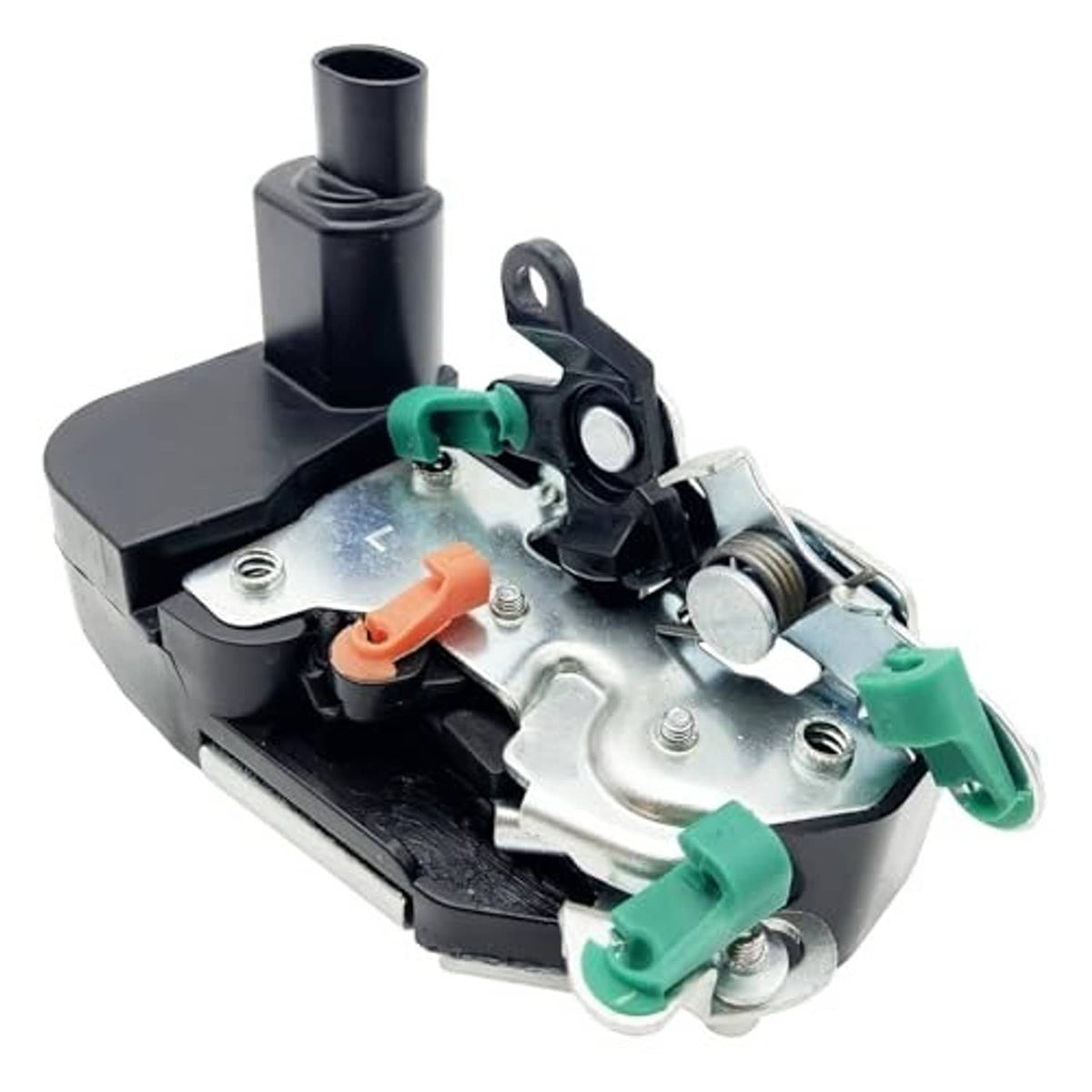 Door lock actuator assembly with metal mechanism, black housing, and green connector clips