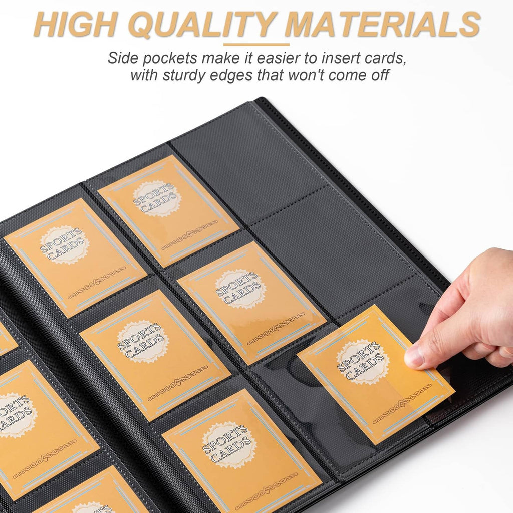 Black trading card binder page with card pockets and reinforced edges