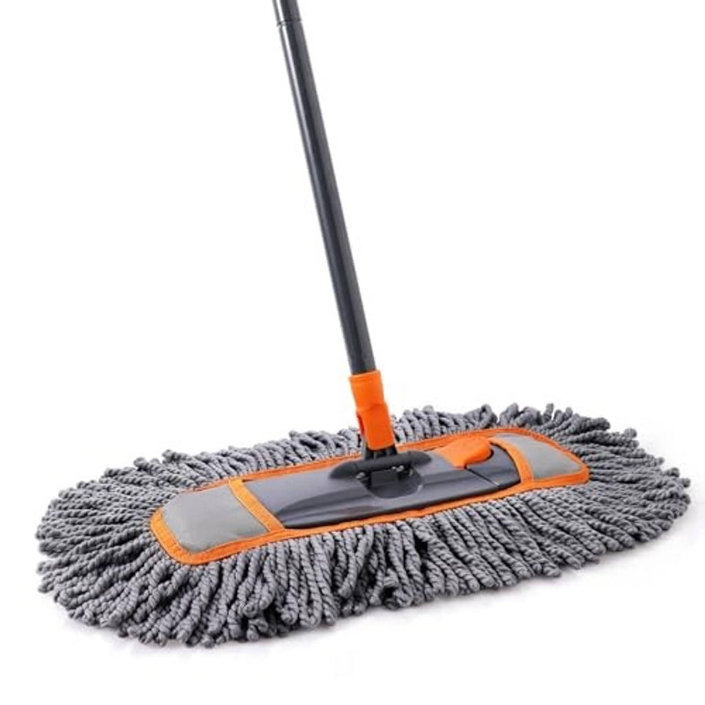 Grey mop pad with orange trim and black base attached to a long handle