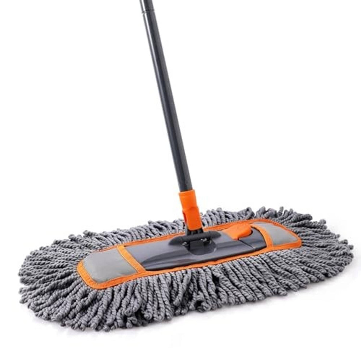 Grey mop pad with orange trim and black base attached to a long handle