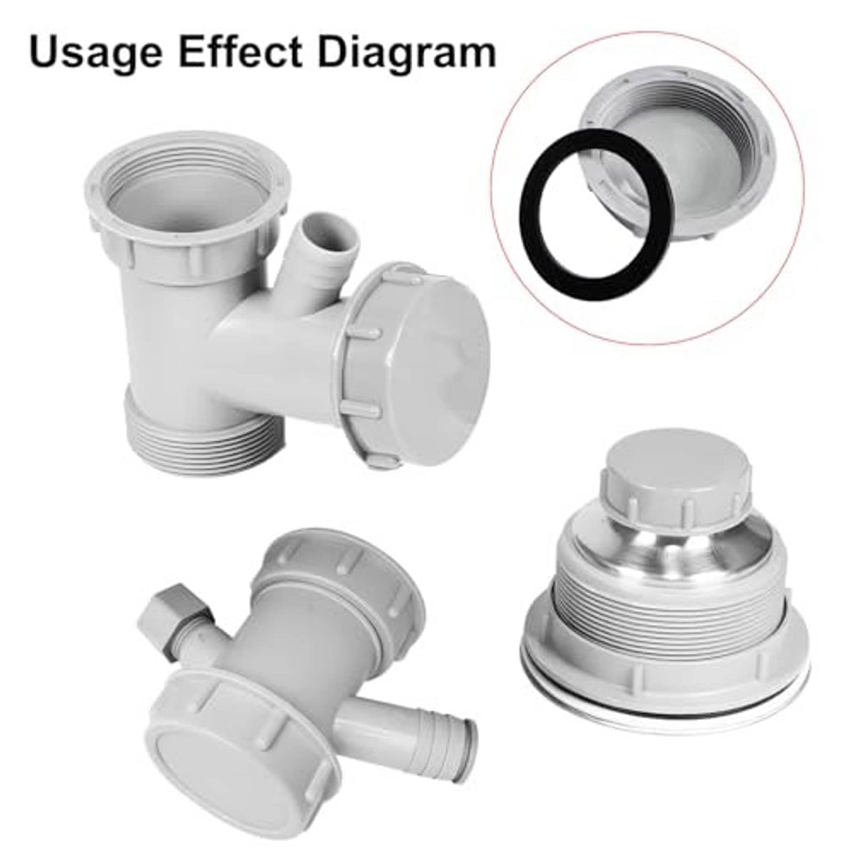 PVC waste pipe end cap set showing threaded cap, black gasket, and sealing lid