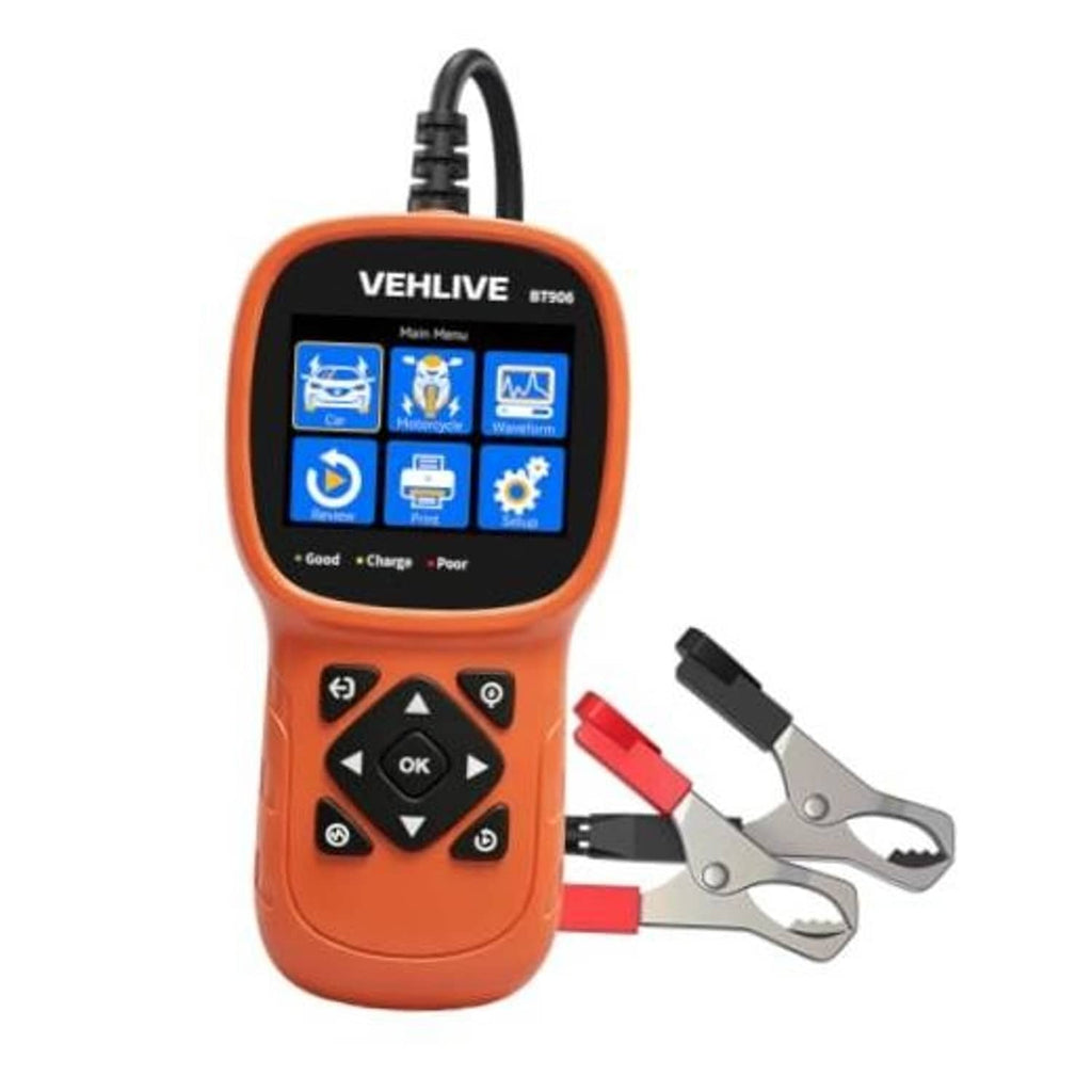 VEHILIVE BT906 car battery tester with orange body and red/black clamp leads