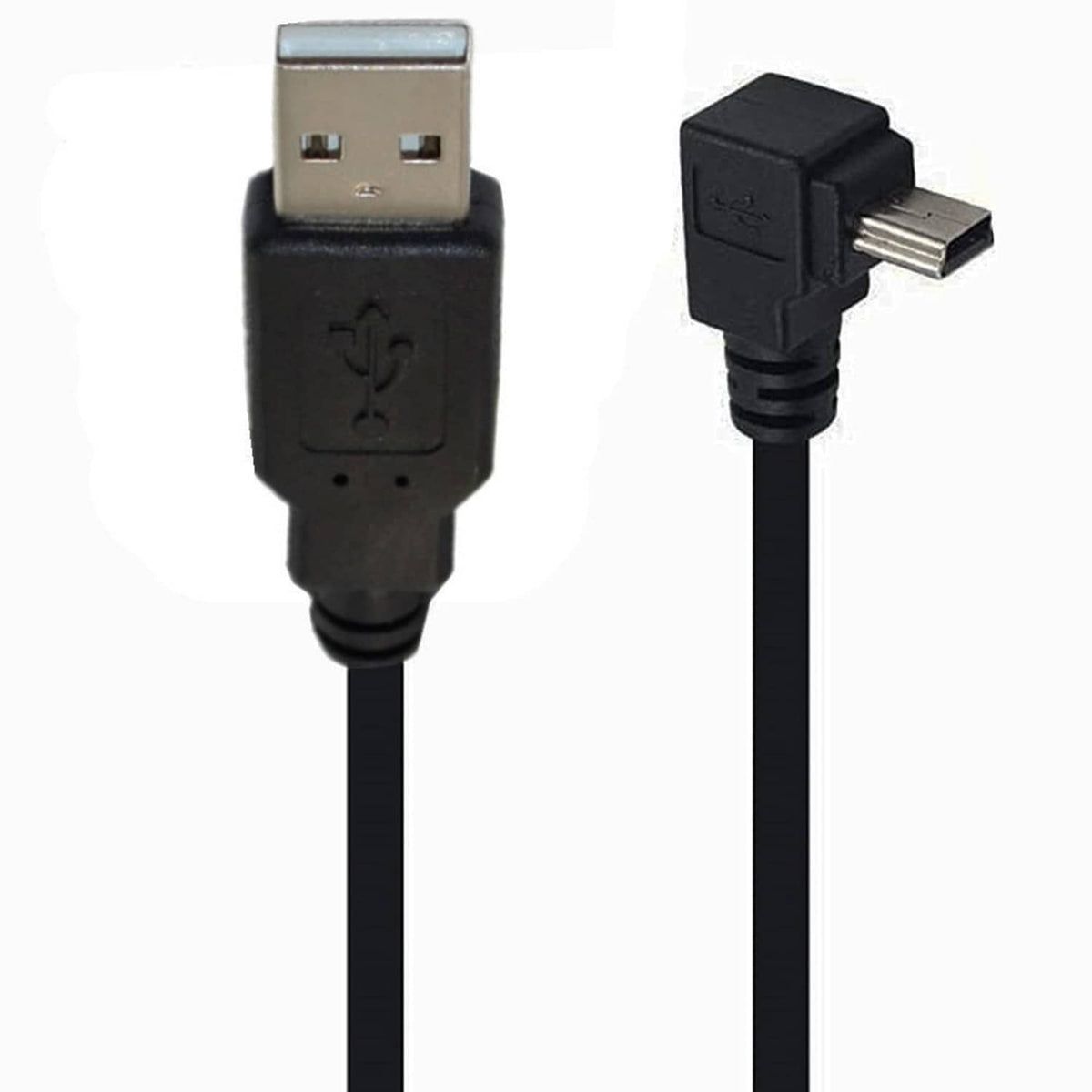 Black 90-degree mini USB extension cable with USB-A and angled mini USB-B male plugs