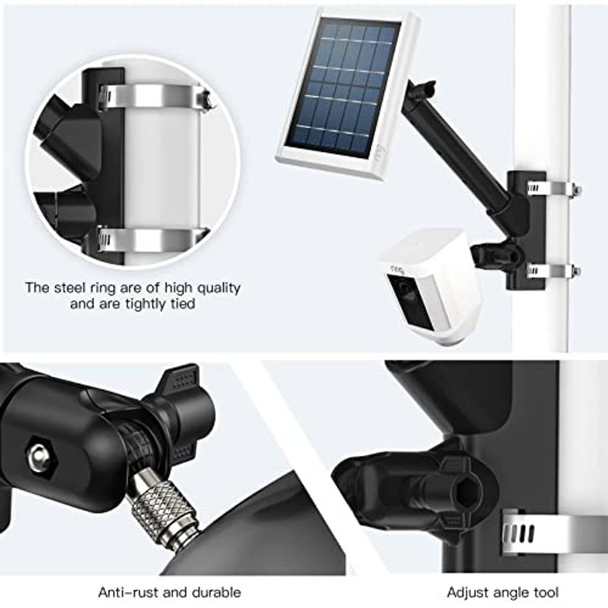 Mounting bracket kit with swivel base, screws, and mounts for solar security camera