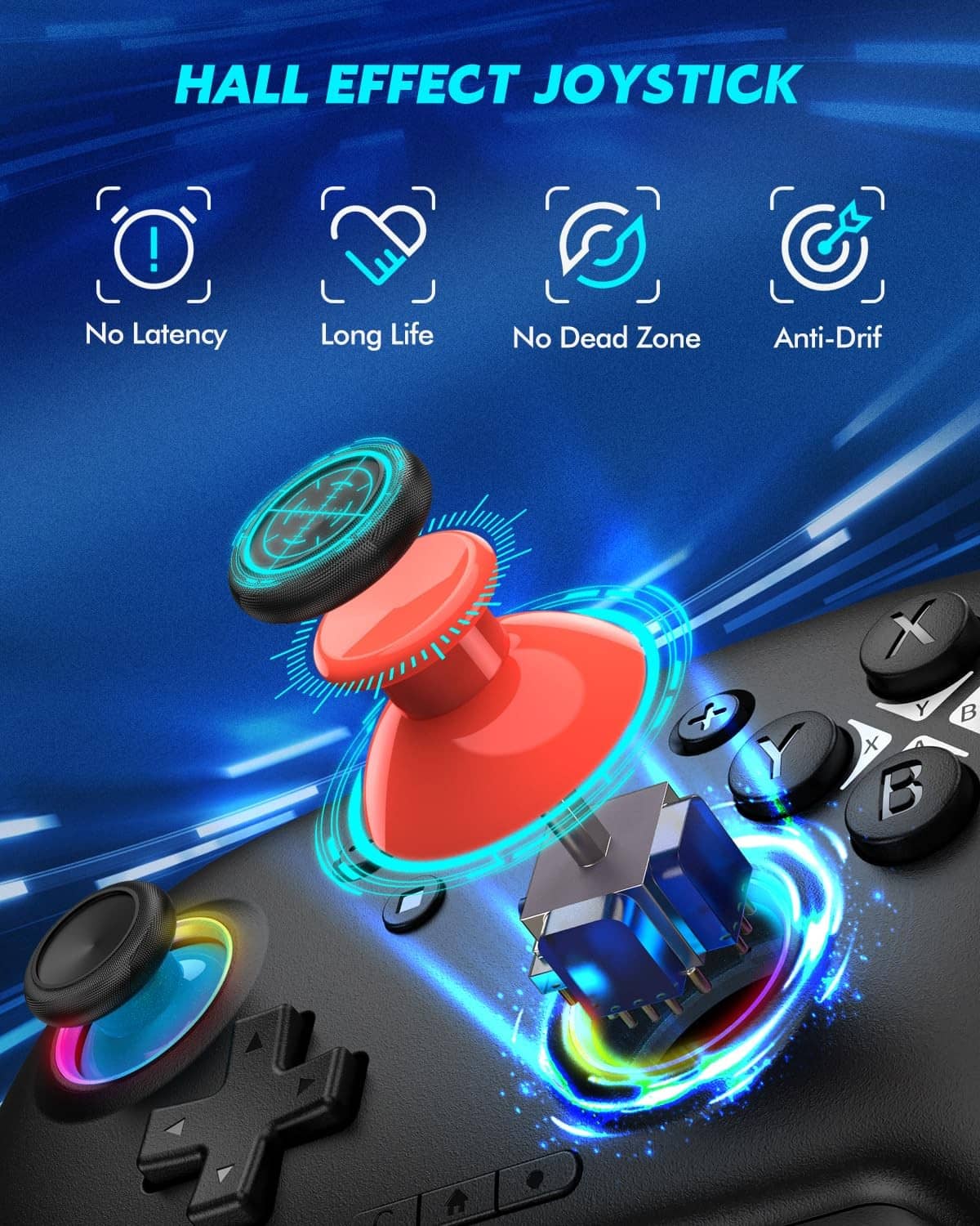 Black Hall effect joystick controller with glowing thumbsticks and cross-shaped D-pad