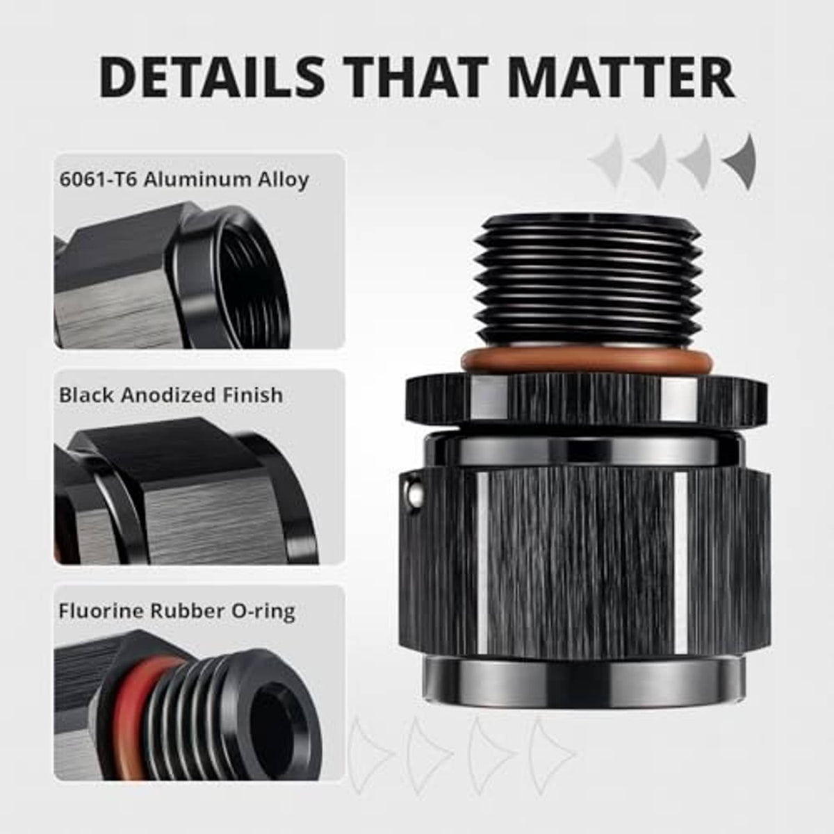 Black AN adapter fitting with threaded ports and brown O-ring seal on silver body