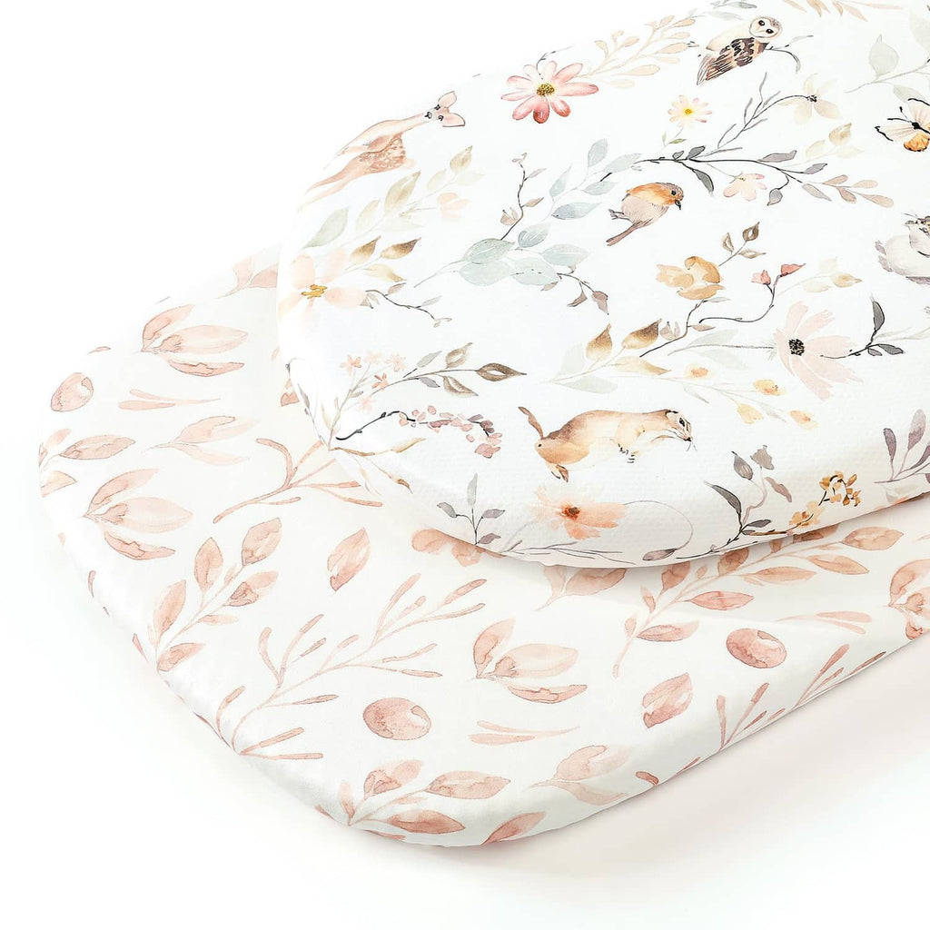 Fitted bassinet sheet set with blush and cream woodland animal leaf print