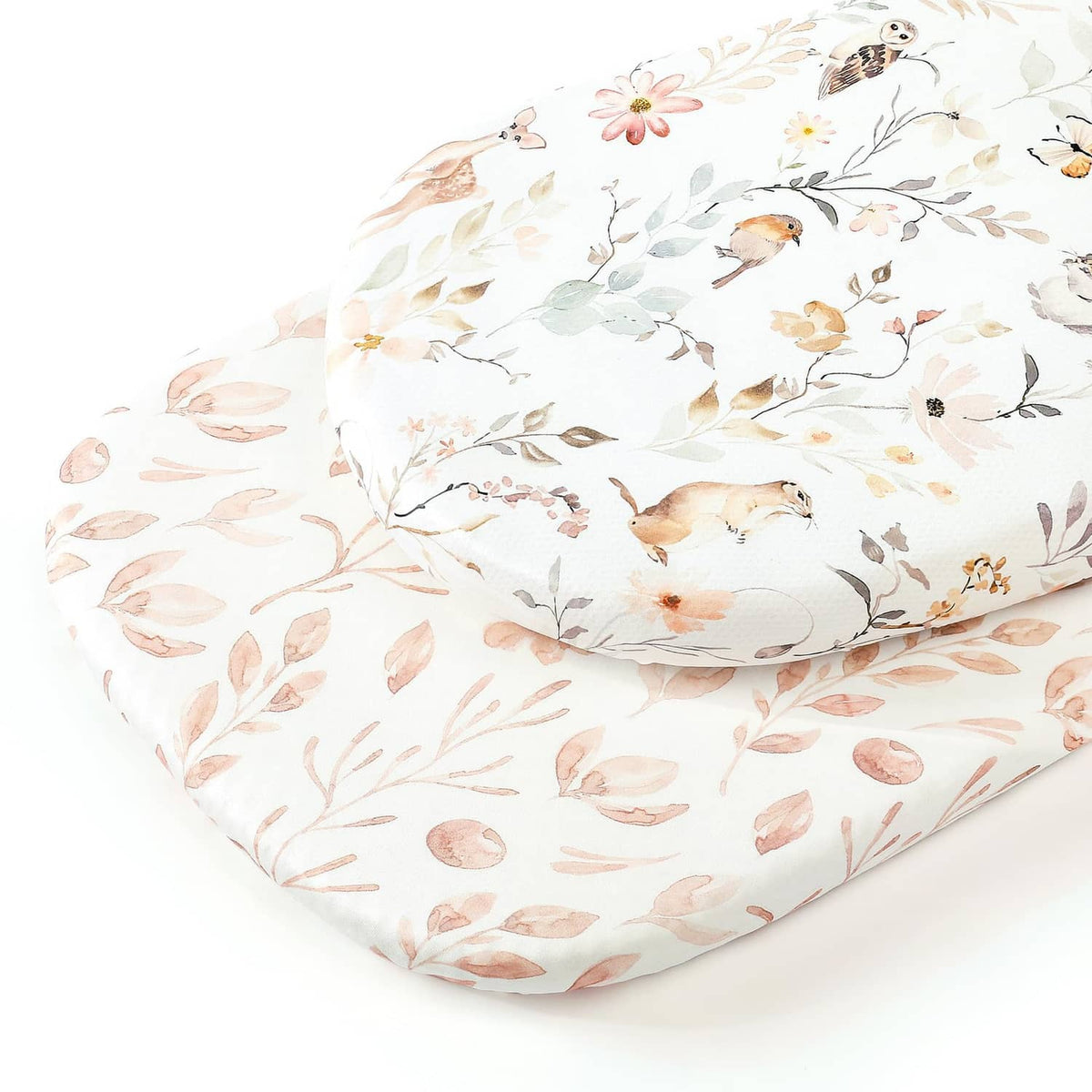 Fitted bassinet sheet set with blush and cream woodland animal leaf print