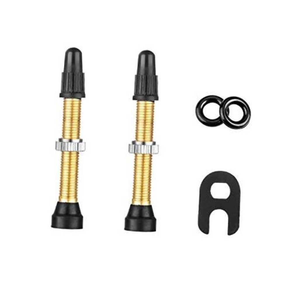 Pair of gold brass tubeless valve stems with black caps, valve core tool, and O-rings