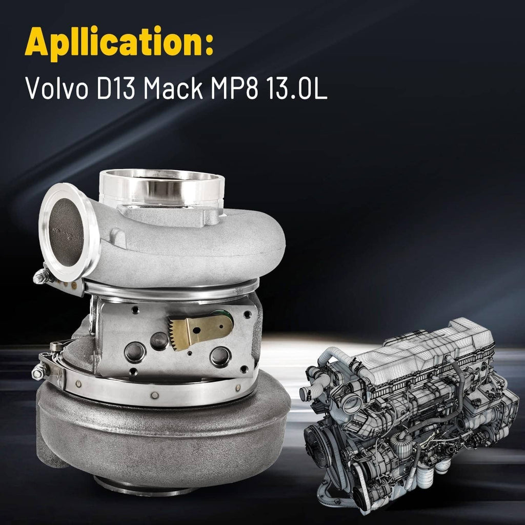 Turbocharger assembly with intake/outlet openings and engine-bay fitment view