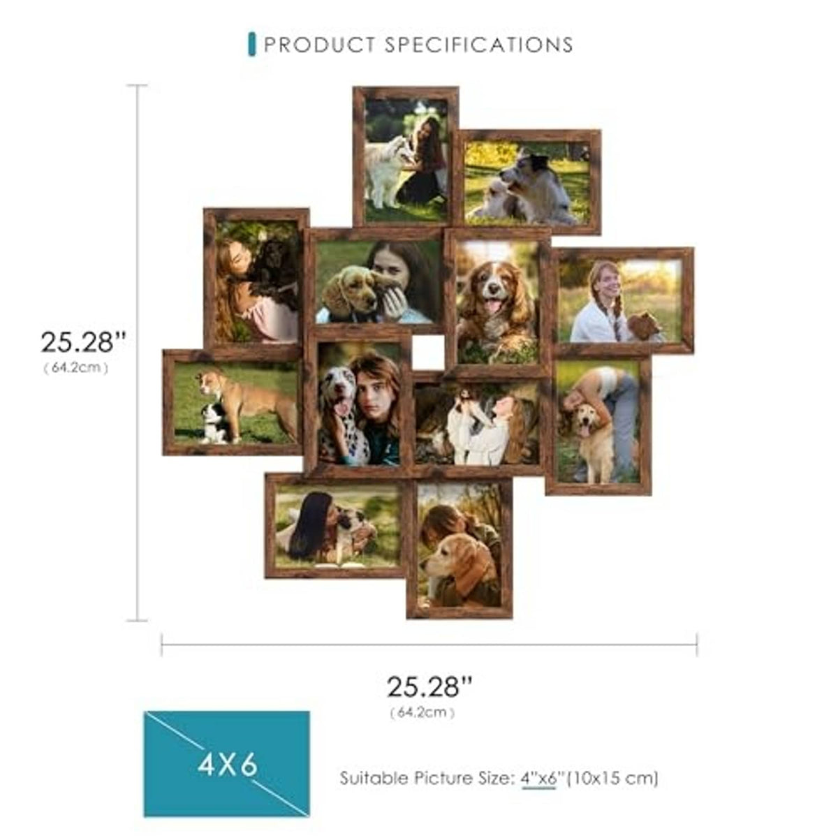 Brown 4x6 collage photo frame set with size indicators for a multi-frame layout