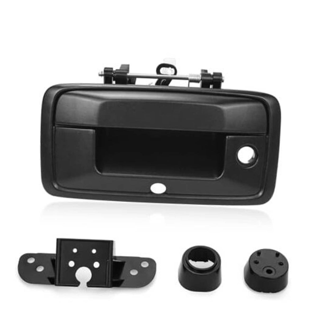 Black tailgate exterior handle with camera hole and round keyhole