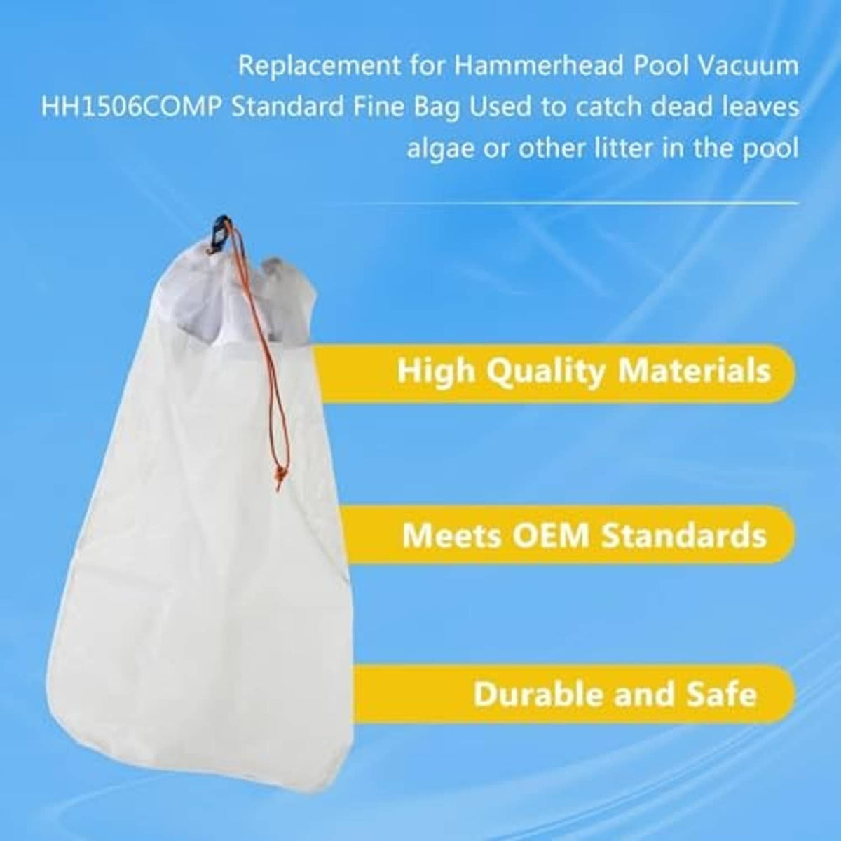 White replacement pool vacuum debris bag with orange drawstring cord, hanging style.