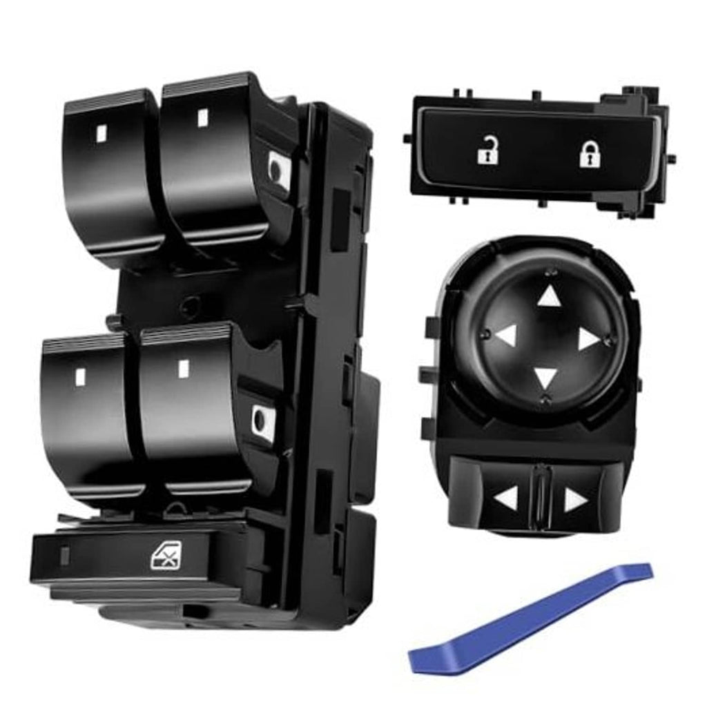 Black switch module set with rocker switches and circular control knob, front and side view