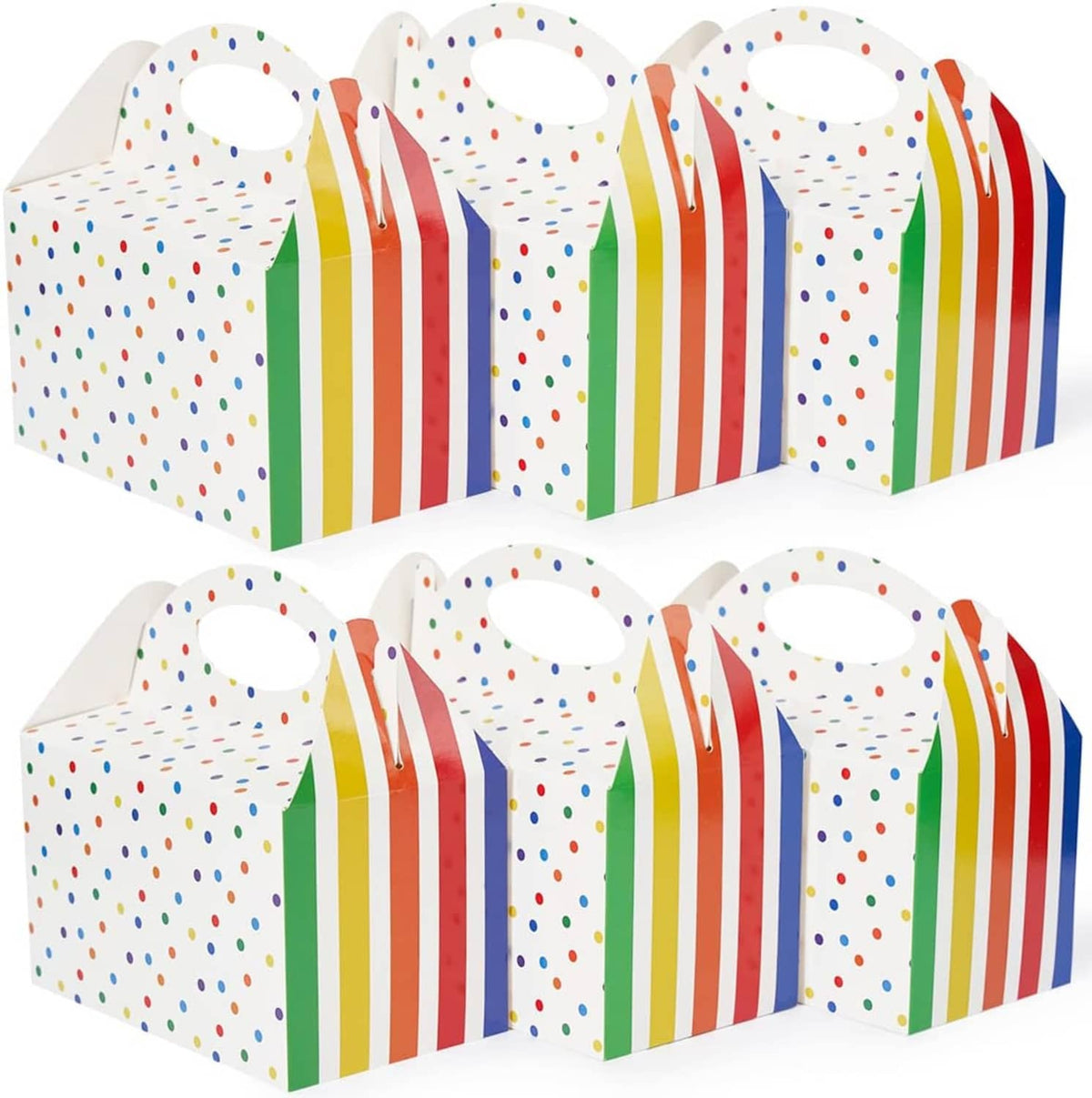 Kids birthday favor boxes in white with multicolor polka dots and striped side panels